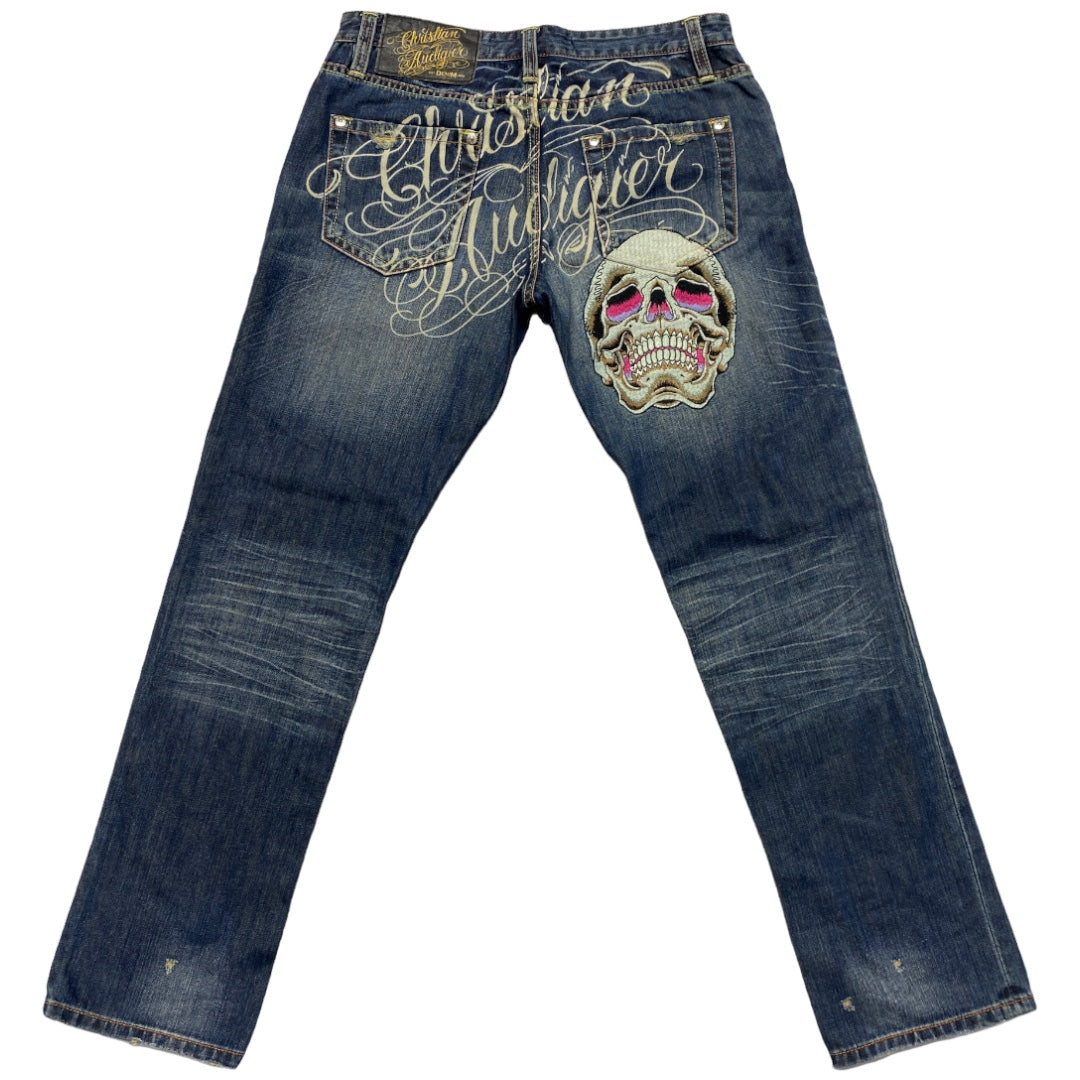 CHRISTIAN AUDIGER SKULL SPELLOUT JEANS 34 30 Nevermind Studios