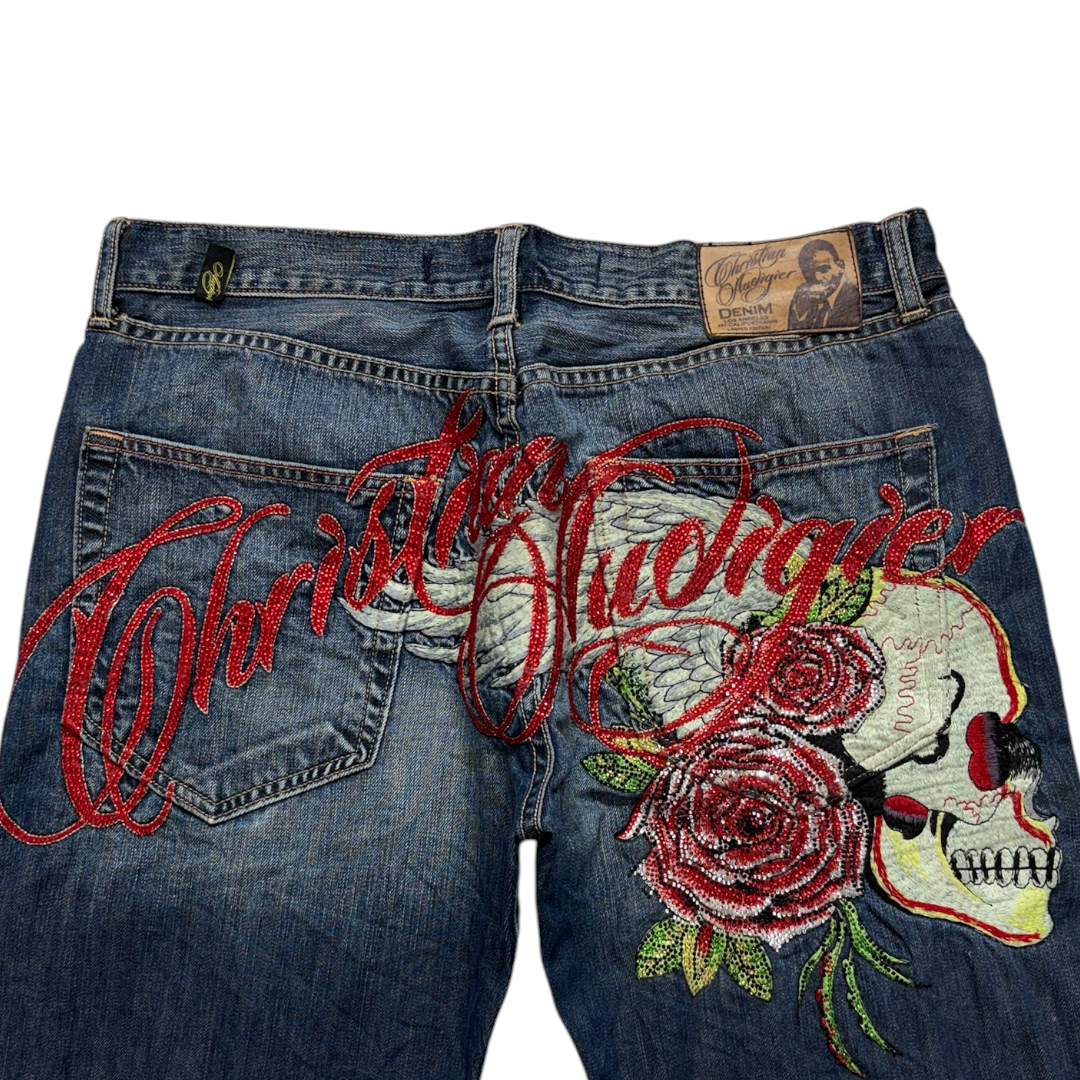 AUDIGER SEQUIN SPELLOUT EMBROIDERED JEANS [36-32]