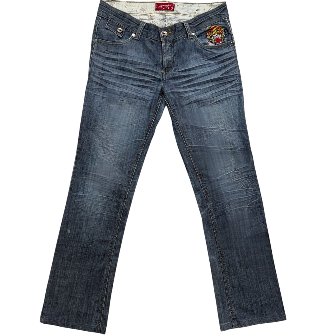 ED DARK WASH SPELL-OUT  EMBROIDERED LOW WAIST JEANS [WOMENS 30-28]