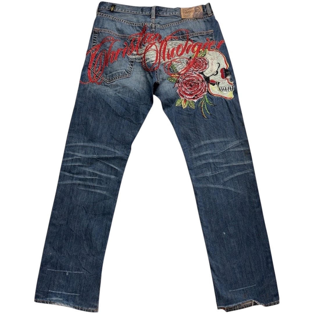AUDIGER SEQUIN SPELLOUT EMBROIDERED JEANS [36-32]