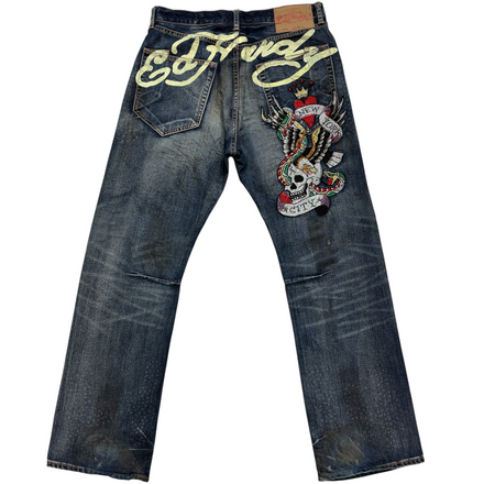 ED DARK WASH SPELLOUT SEQUIN EMBROIDERED JEANS [36-32]
