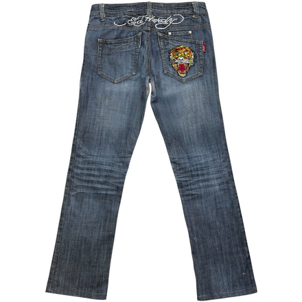ED DARK WASH SPELL-OUT  EMBROIDERED LOW WAIST JEANS [WOMENS 30-28]