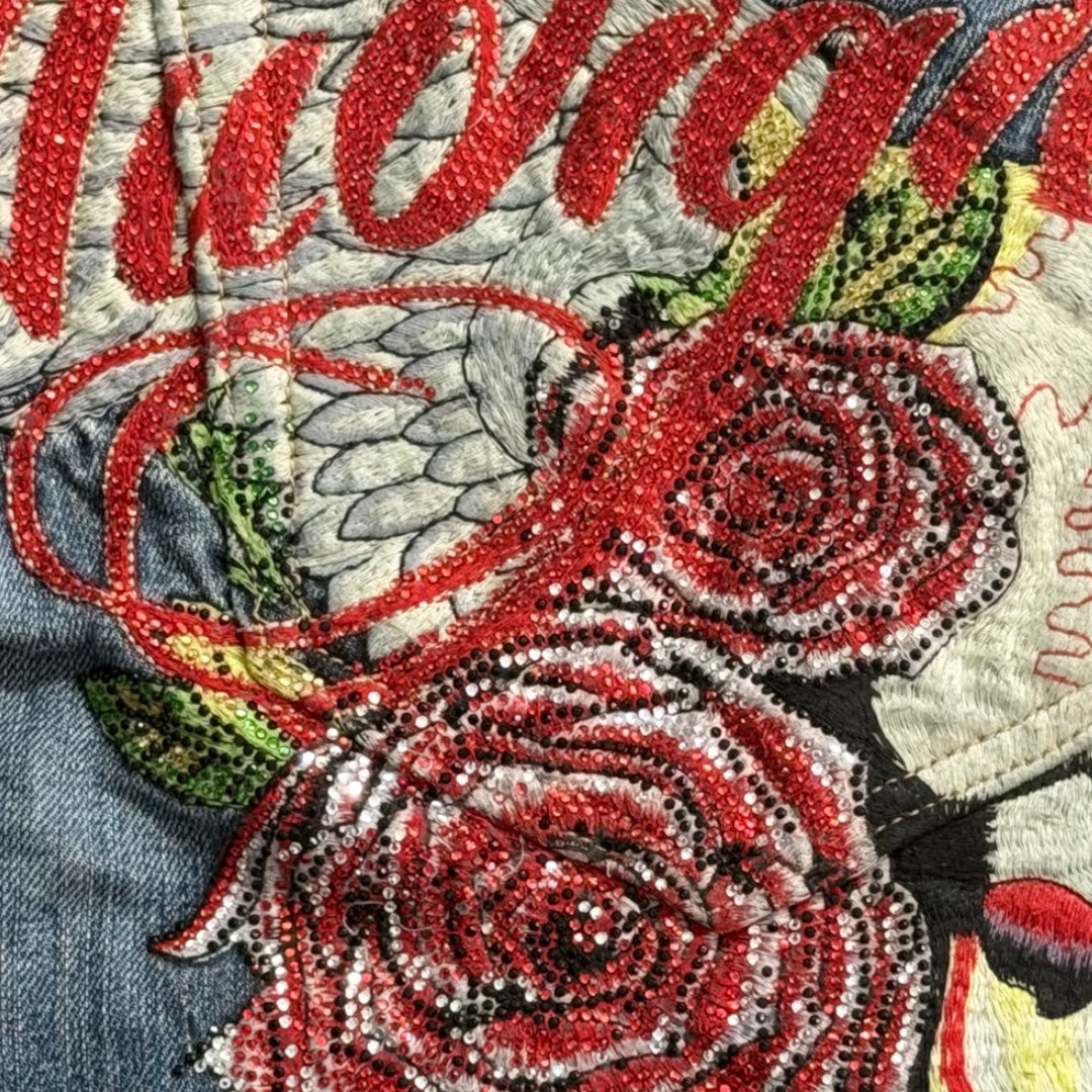 AUDIGER SEQUIN SPELLOUT EMBROIDERED JEANS [36-32]