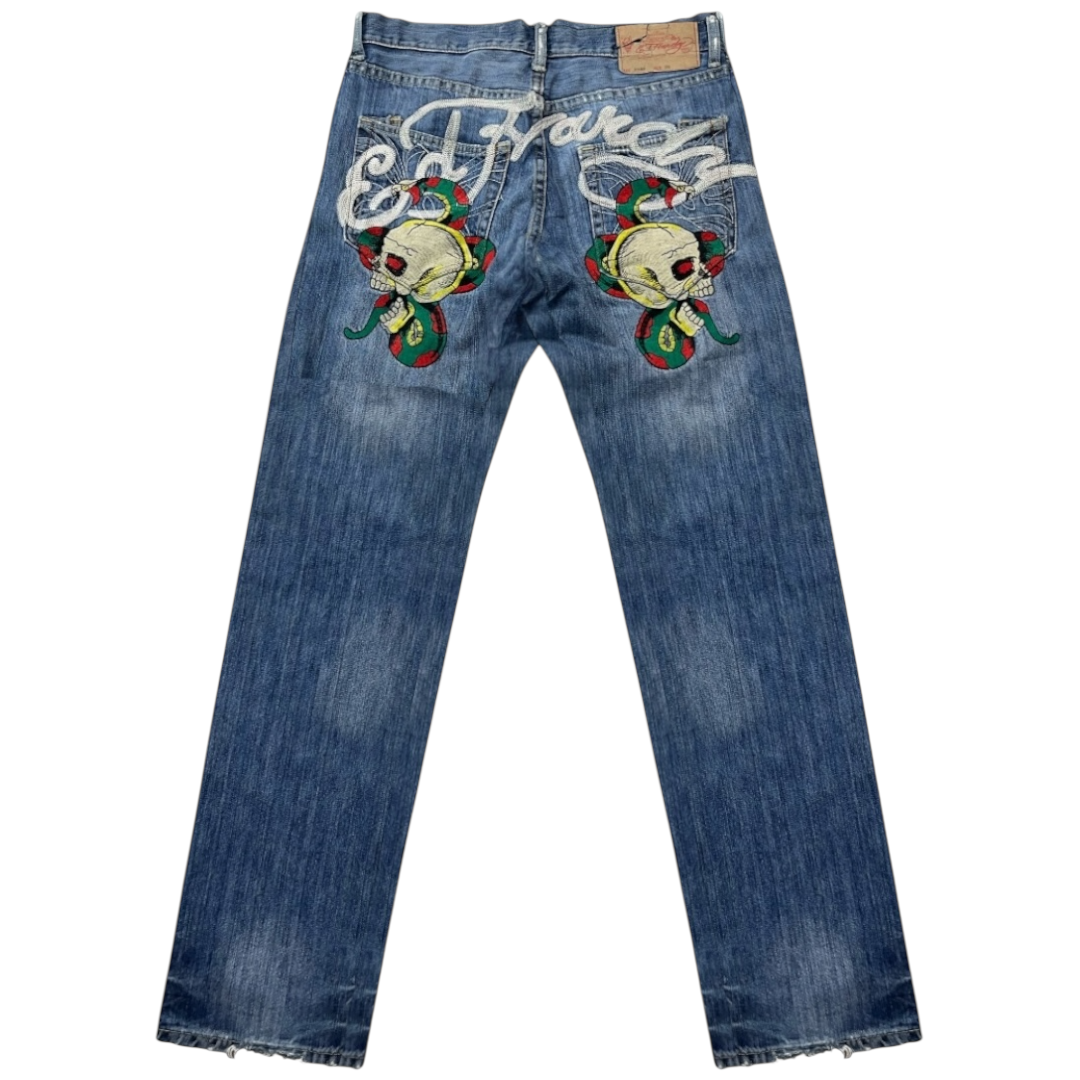 ED SKULL SPELLOUT EMBROIDERED JEANS (34-30)