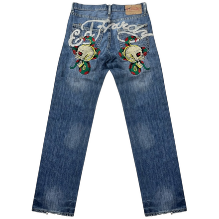 ED SKULL SPELLOUT EMBROIDERED JEANS (34-30)