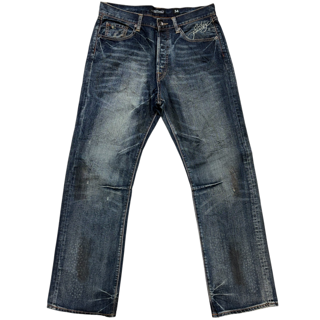 ED DARK WASH SPELLOUT SEQUIN EMBROIDERED JEANS [36-32]