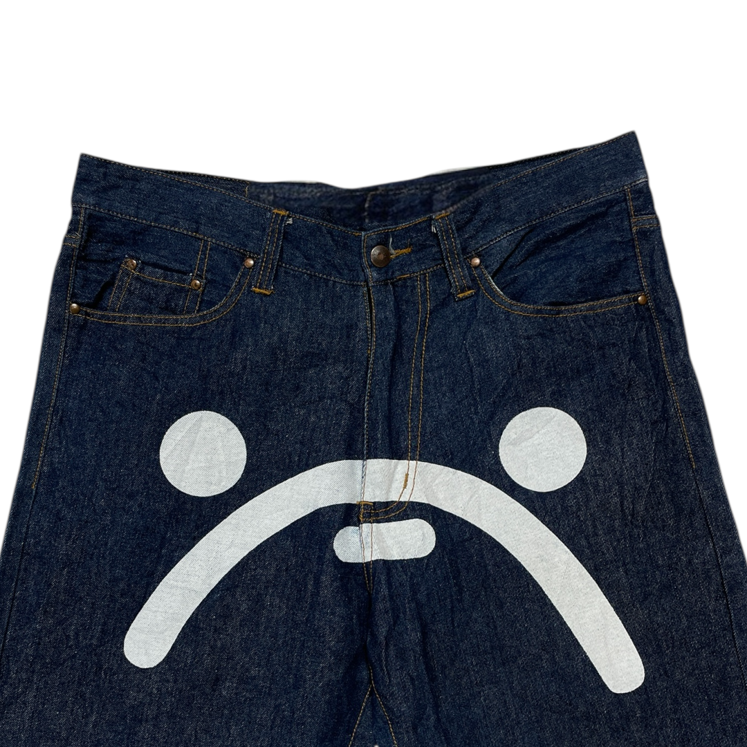 SAD FACE DARK WASH DENIM JEANS[36-32]