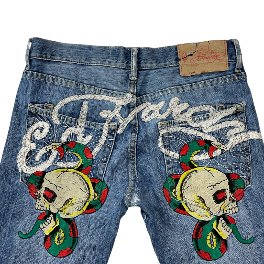 ED SKULL SPELLOUT EMBROIDERED JEANS (34-30)