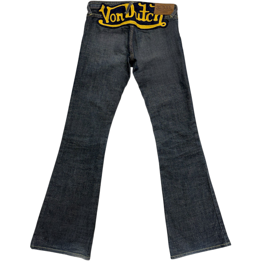 ED EMBROIDERED FRONT SPELLOUT JEANS [29-28] (bell bottoms)
