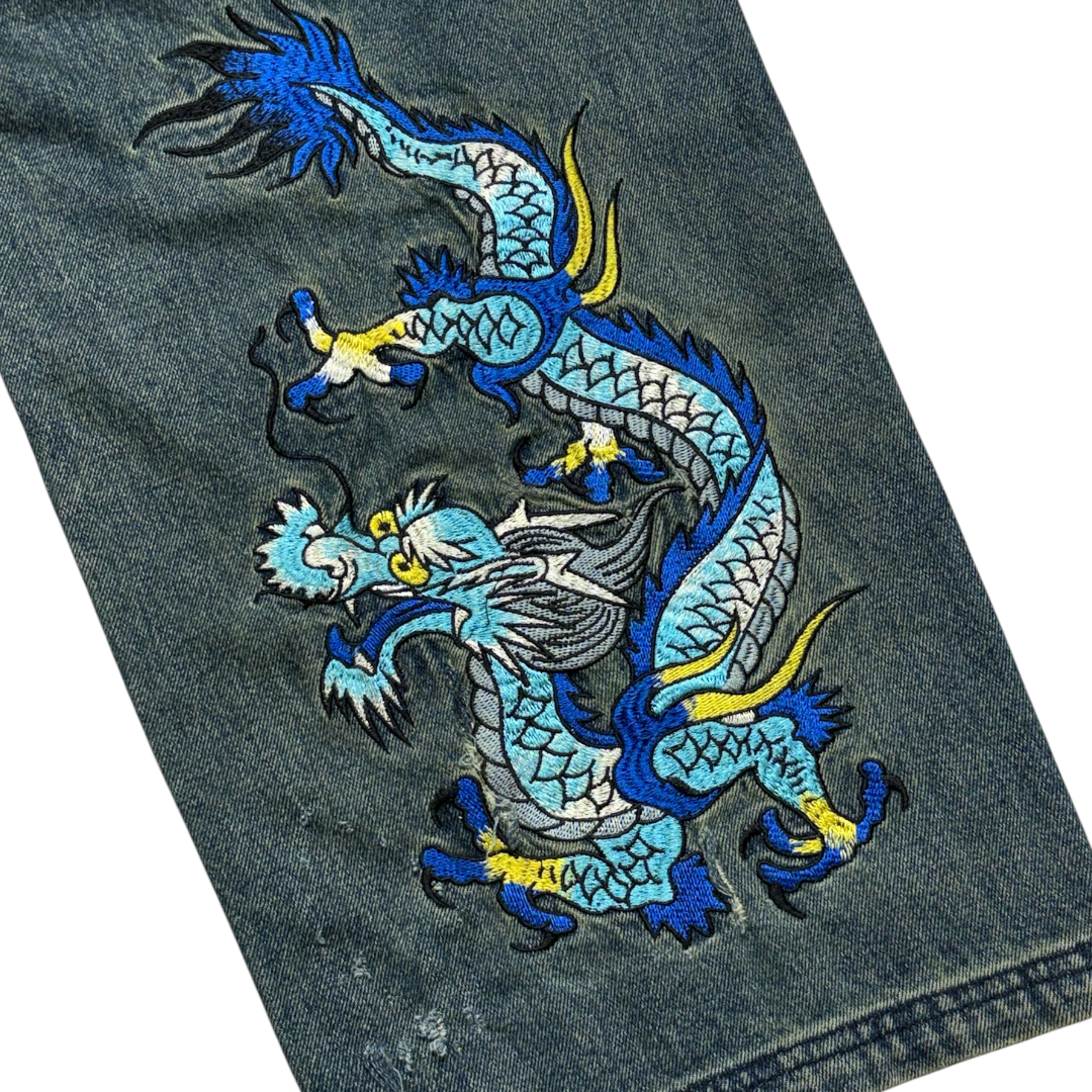 ED DRAGON DARK WASH EMBROIDERED JEANS [36to32]