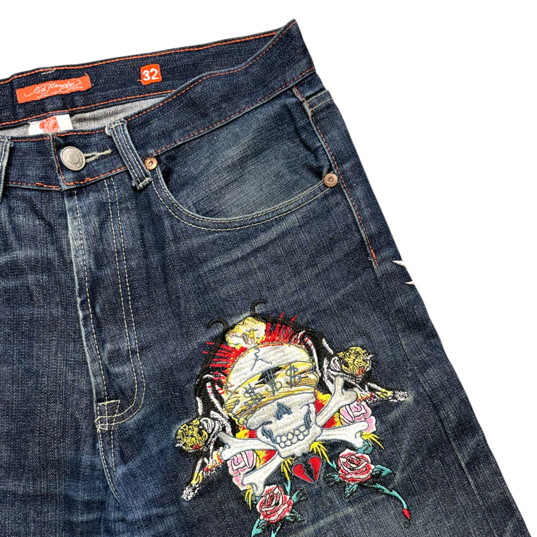 ED DARK WASH EMBROIDERED JEANS [34 to 30]