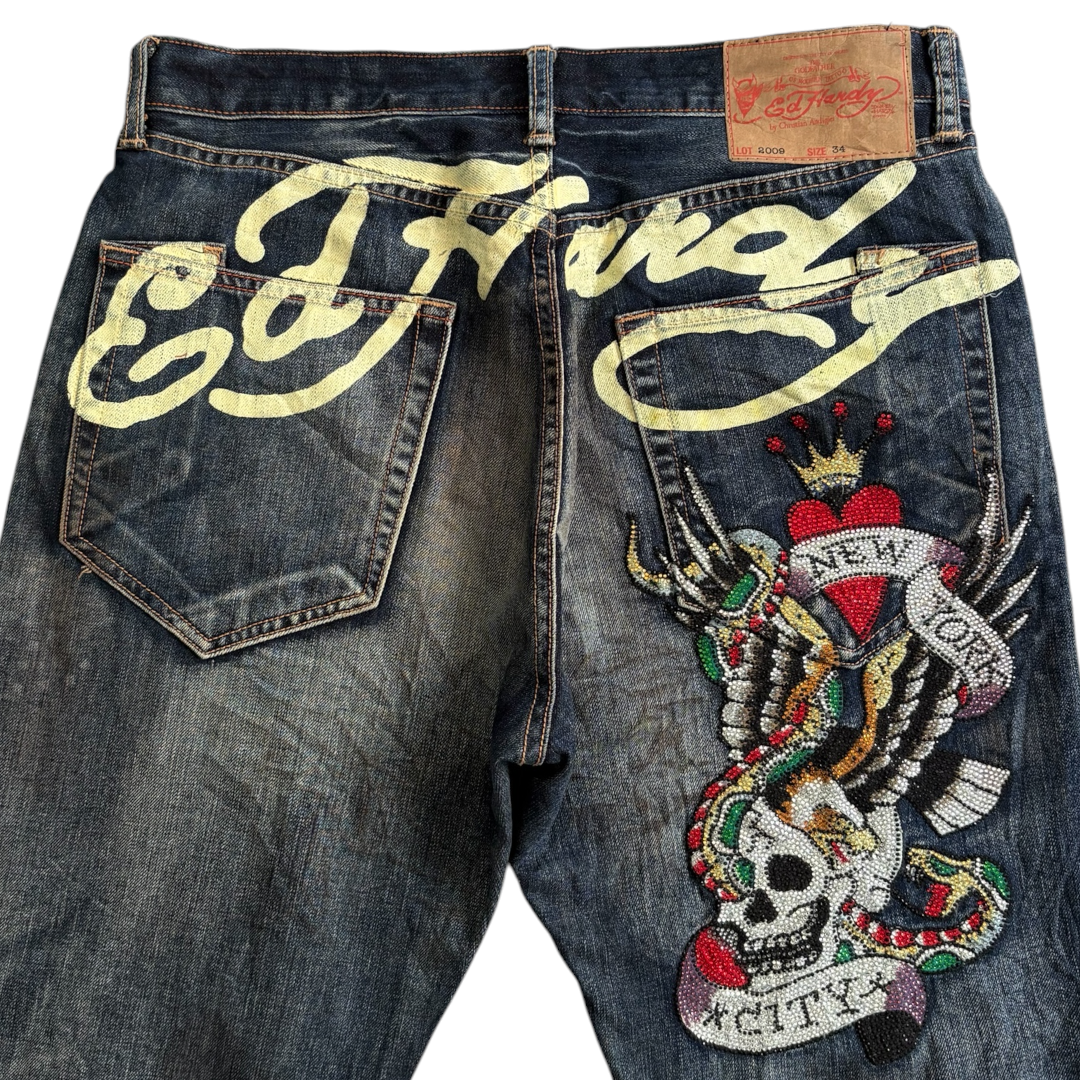 ED DARK WASH SPELLOUT SEQUIN EMBROIDERED JEANS [36-32]