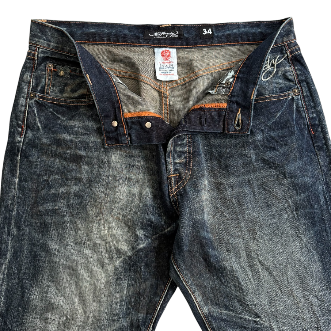 ED DARK WASH SPELLOUT SEQUIN EMBROIDERED JEANS [36-32]