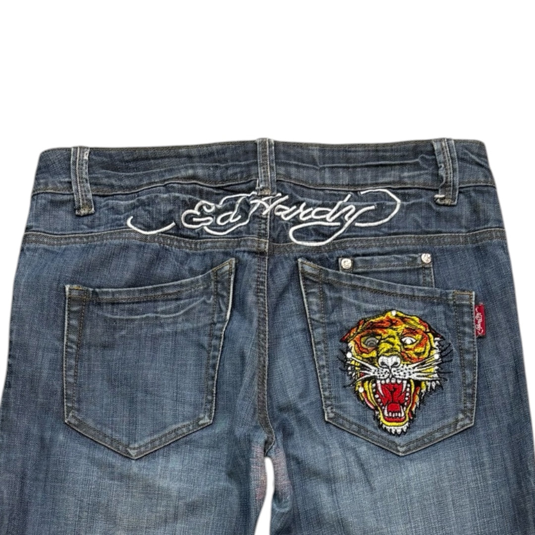 ED DARK WASH SPELL-OUT  EMBROIDERED LOW WAIST JEANS [WOMENS 30-28]