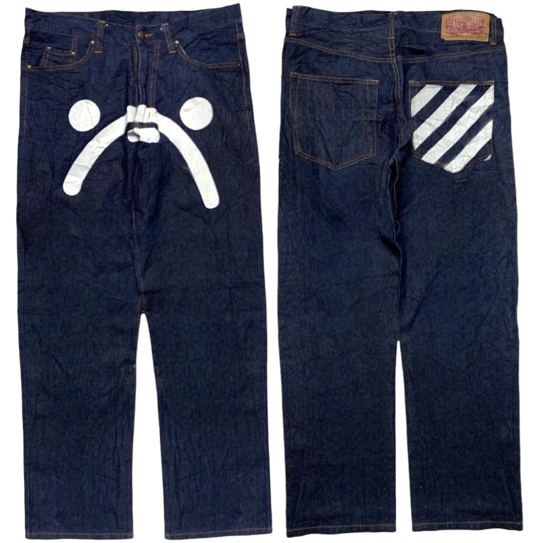 SAD FACE DARK WASH DENIM JEANS[36-32]